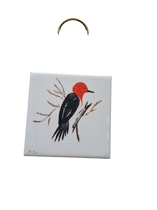 Hand Painted Other - Hand-Painted Ceramic Red Headed Woodpecker Wall Tile Signed Wall Hanging